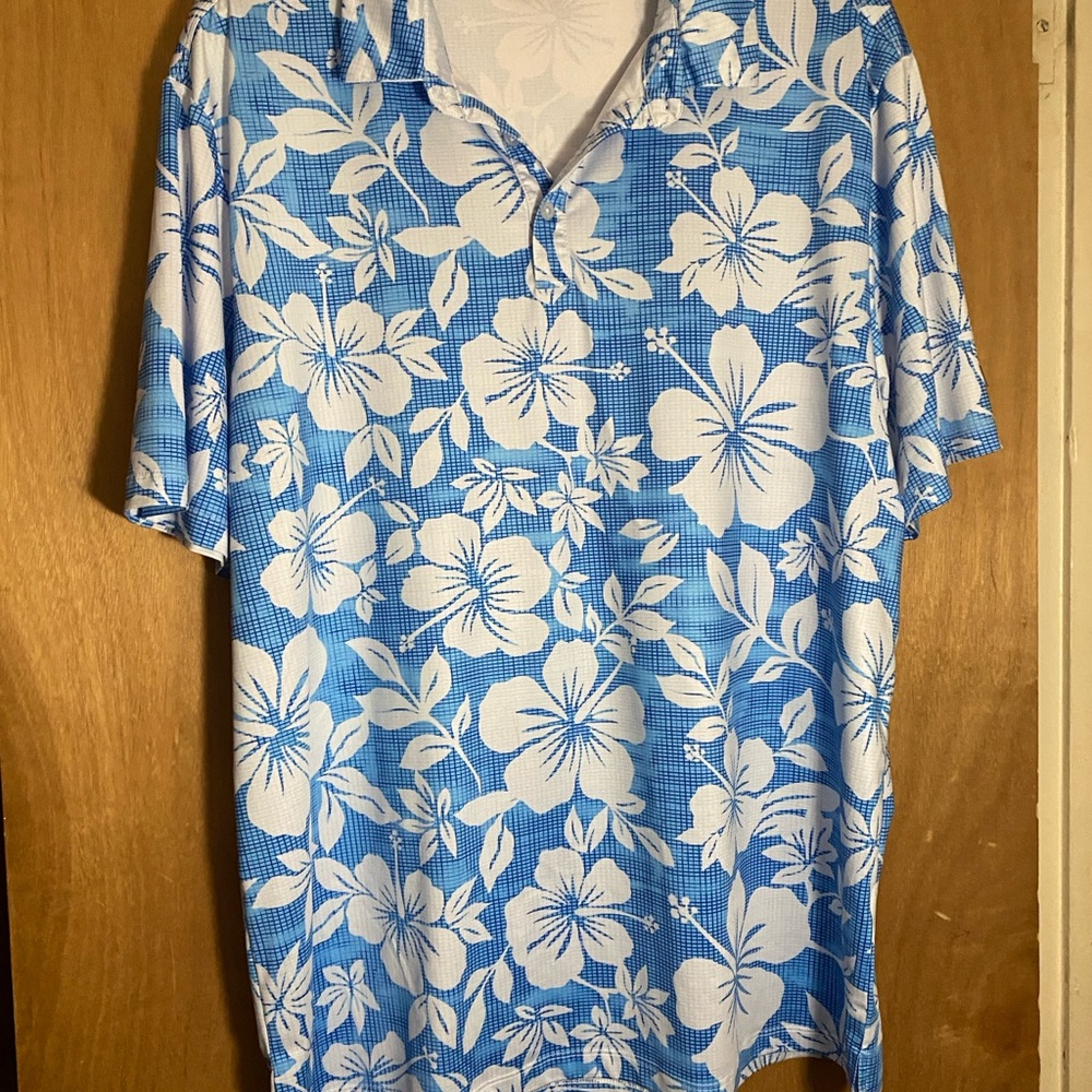 Blue and White Casual Button Down Shirt with Floral Design